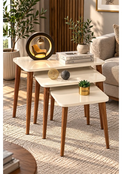 Odera Mermer Desenli Orta Sehpa Ve Zigon Sehpa 4'lü Set Ahşap Torna Ayaklı Modern Salon Sehpası Diğer