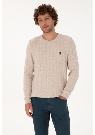 U.S. Polo Assn. Erkek Slim Fit Bisiklet Yaka Desenli Taş Melanj Kazak 50307836-VR225