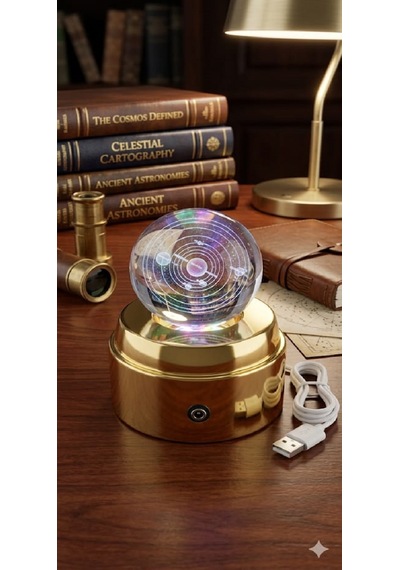 Mobgift 360 Derece Dönen Sarı Led Işıklı Gold Standlı Usb'li Kristal Gezegenler Cam Küre Çok Renkli