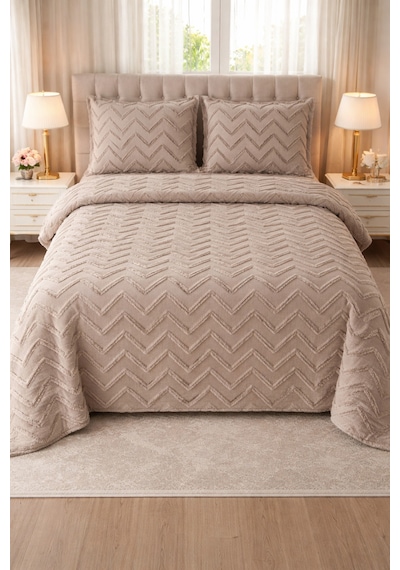 Zigzag Desenli Peluş Çift Kişilik Pike Takımı 4 Mevsim Kullanım, Şık Ve Modern Yatak Örtüsü Seti Vizon