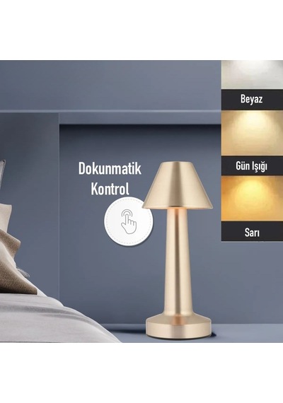 Mcg Çatı Model Gold Renk Şarjlı Dokunmatik 3 Renkli Led Masa Lambası