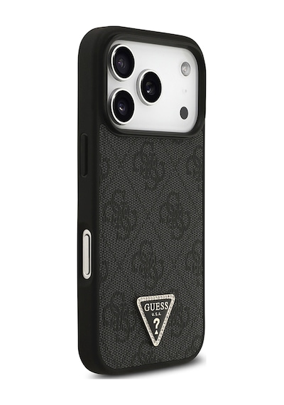 Apple iPhone Uyumlu 18 Pro Kılıf Guess Lisanslı M-safeli Pu Deri Taşlı Üçgen Logo 4g Desenli Strass Kapak Siyah