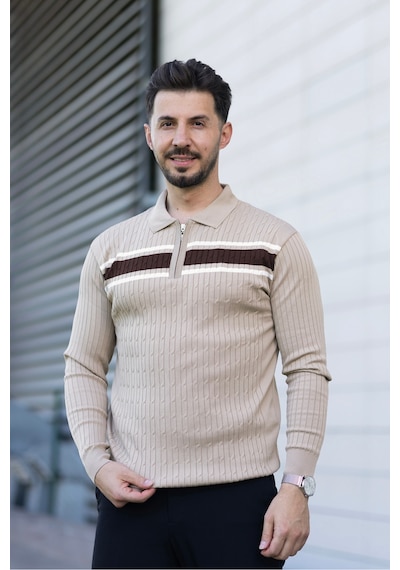 Hk Premium Kazak Polo Yaka Fermuarlı Şerit Detaylı Triko Bej
