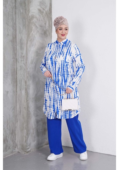Polologin Butik Mavi Desenli Tunik Ve Pantolon Takım Mavi & Beyaz