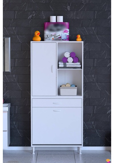Afra 80 Cm 2 Gözlü Kirli Çamaşır Sepet, 1 Kapak Ve Çekmeceli 4 Raflı Çok Amaçlı Banyo Dolabı Beyaz Afra 80 Cm 2 Gözlü Kirli Çamaşır Sepet, 1 Kapak Ve Çekmeceli 4 Raflı Çok Amaçlı Banyo Dolabı Beyaz