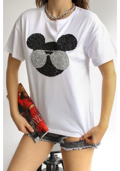 Femelle Kadın Yeni Sezon Bisiklet Yaka Pamuklu T-shirt Beyaz