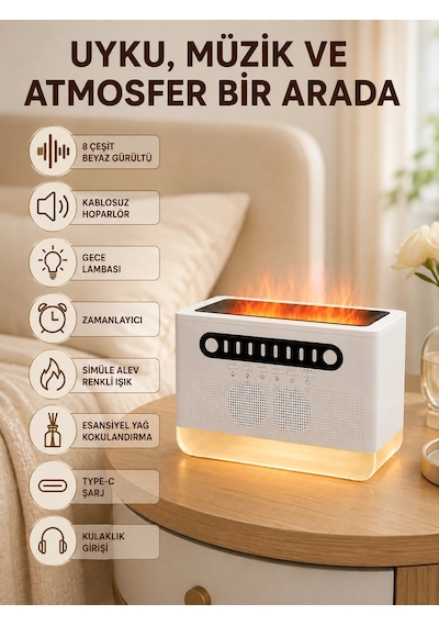 Mey Najmaddin Hoparlörlü Simüle Alev Işıklı Çok Fonksiyonlu Gece Lambası Najmaddin
