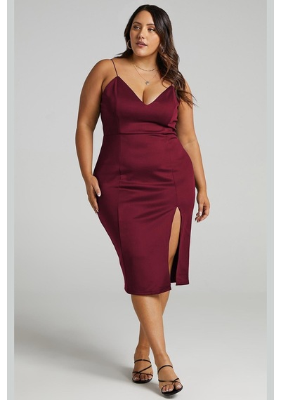 Madmext Bordo V Yaka Yırtmaçlı Saten Elbise Mg1742-bordo Bordo