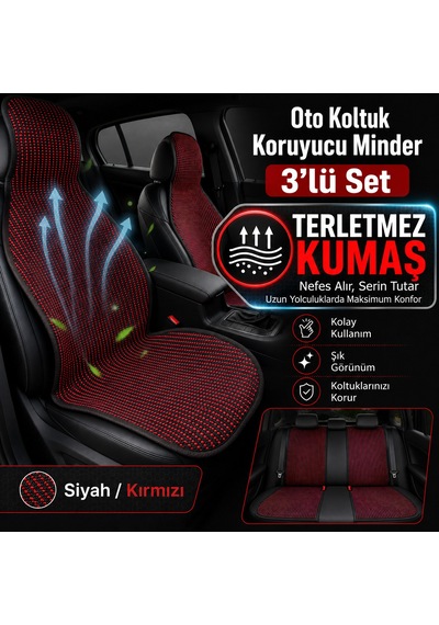 Oto Koltuk Koruyucu Minder 3 Lü Set Terletmez Kumaş Ön 2 Arka 1 Parça Siyah - Kırmızı