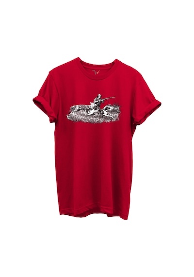 Outdoor Avcılık Avcı Ve Tazı Köpek Desenli %100 Pamuk Regular Fit Bisiklet Yaka Unisex T-shirt Kırmızı