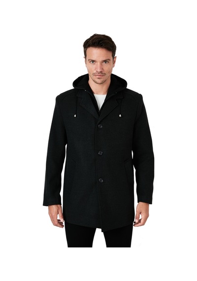 Buratti Çıkarılabilir Kapüşonlu Kırçıllı Slim Fit Kaşe Erkek Kaban 5841013 Füme