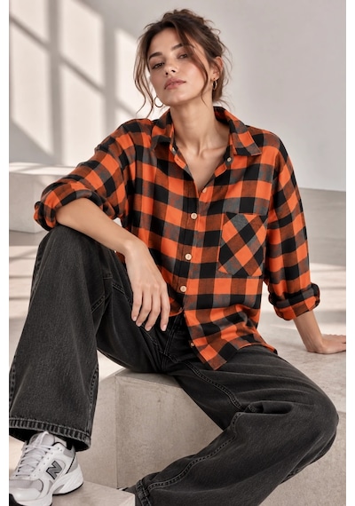 Bb Butik Basic Kadın Ekose Gömlek Oversize Oduncu Gömlek Uzun Kollu Cepli Günlük Tr0935 turuncu