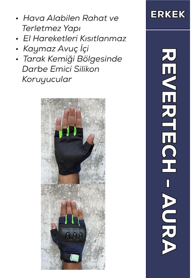 Revertech Aura Lacivert - Neon / Yarım Parmak - Kaymaz Avuç İçi Motosiklet Eldiveni Erkek