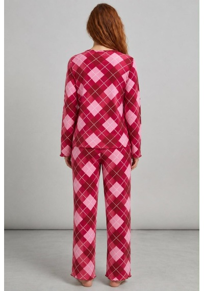 Kadın Çizgili Regular Fit Kırmızı Pijama Takımı 4766