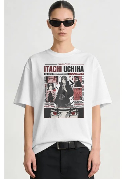Itachi Uchiha Naruto Anime Baskılı Unisex Oversize Premium Tişört Beyaz