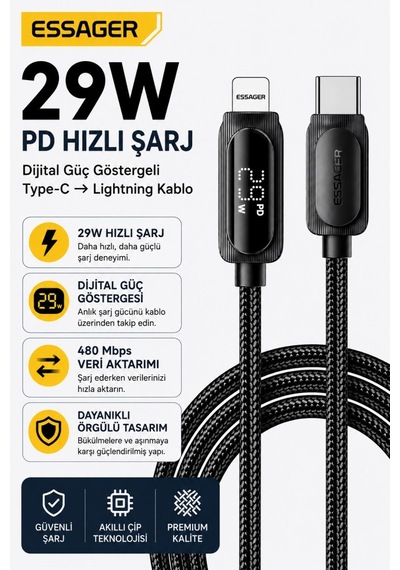 Essager 29w Pd Dijital Göstergeli Type-c To Lightning Hızlı Şarj Ve Data Kablosu 3a 480mbps Örgülü
