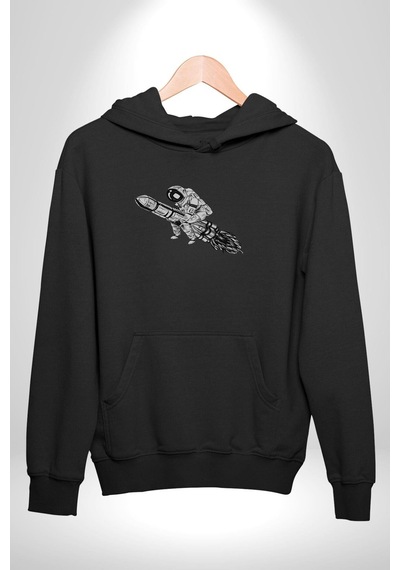Roket Astronot Kadın Erkek Siyah Kapüşonlu Sweatshirt Hoodie Siyah