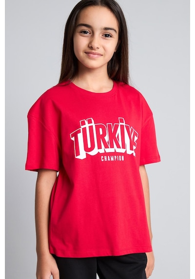 Defacto Regular Fıt Bisiklet Yaka Slogan Baskılı Kısa Kollu Tişört Kız Çocuk I6638a826smrd282 Kırmızı-rd282