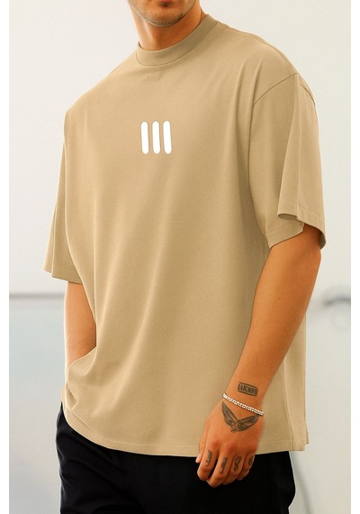 3 Çizgi Baskılı Unisex Tshırt Q6 Bej