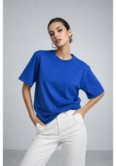 Kadın Saks Mavi %100 Pamuk Oversize Basic Tişört Rahat Kalıp Relaxed Bisiklet Yaka T-shirt Saks Mavi
