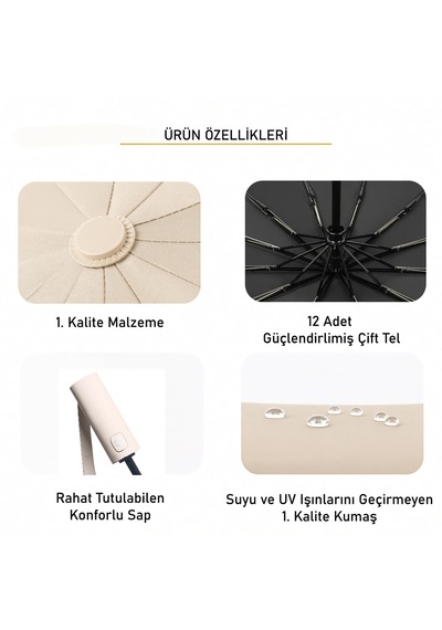Aventus Umbrella Aventus 12tellı Uv Korumalı Extra Büyük Çaplı Şemsiye Krem