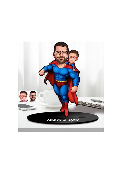 Bk Gift Kişiye Özel Süper Baba-çocuk Karikatürlü Ahşap Biblo-3, Babalar Günü Hediyesi, Babaya Hediye Kobitmeyencom31606 Bk Gift