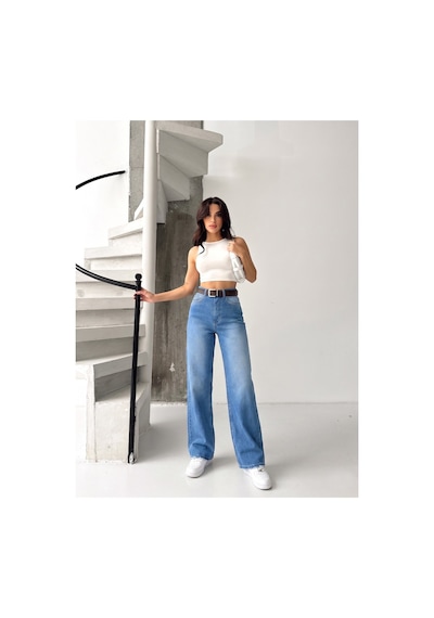Kene Jeans Mavi İşlemli Kemerli Likralı Bol Paça Denim Pantolon Mavi İşlemli