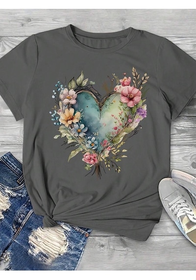 Flood Of Style Kadın Füme Çiçekli Kalp Baskılı Oversize Çok Renkli