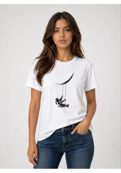 Defymoda Astronot Ay Temalı Tişört Kısa Kol Yazlık Bisiklet Yaka T-shirt - Beyaz