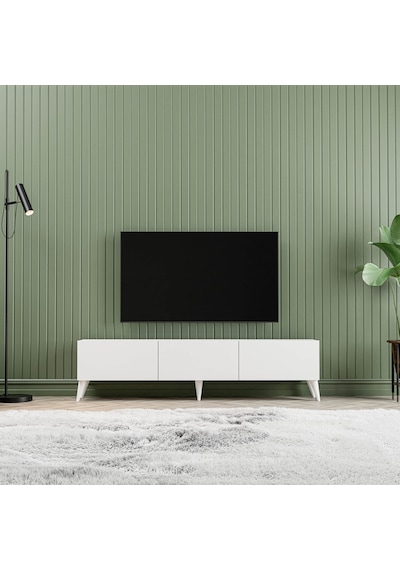 1240 Eva 3 Kapaklı Kulpsuz 150 Cm Ayaklı Tv Ünitesi Beyaz