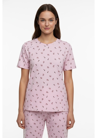 Kompedan Kadın Bisiklet Yaka Yumuşak Dokulu Çiçek Desenli Kısa Kol Pijama Takım Pembe 70132-267