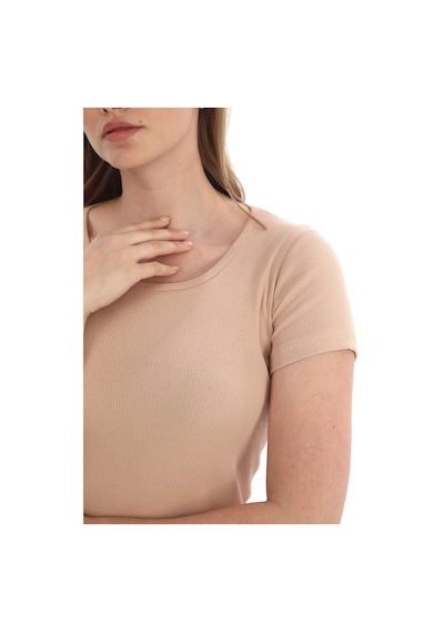 Monox Kadın Fitilli Likralı Pamuk Basic Tshirt Vizon