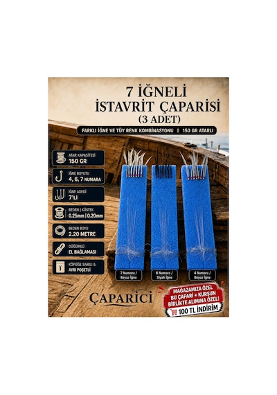 7 İğneli İstavrit Çaparisi 3 Adet Farklı İğne Farklı Tüy Renk