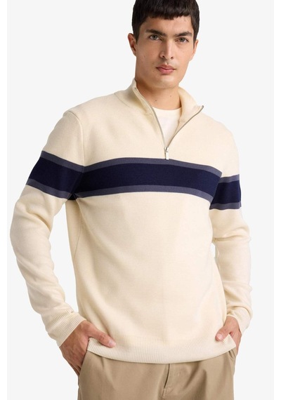 Defacto Slim Fit Dar Kesim Dik Yaka Fermuarlı Renk Bloklu Triko Kazak Y4193az25wnbg187 Bej