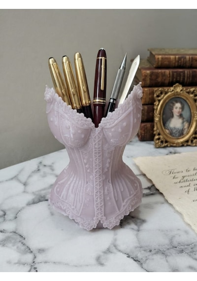 Vintage Dantel Detaylı Lila Korset Tasarımlı 3d Dekoratif Obje Ve Takı Düzenleyici Pembe