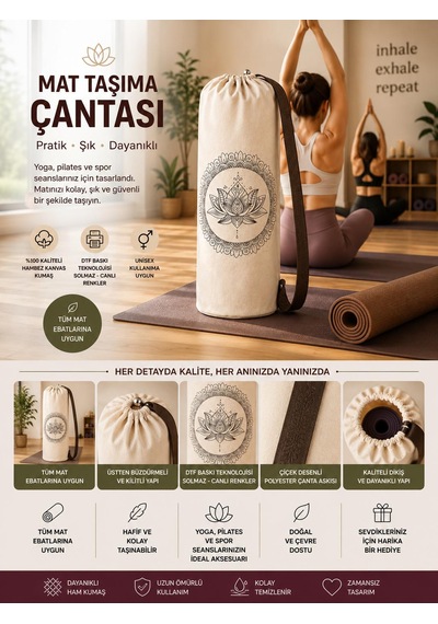 Yoga Mat Taşıma Çantası Hayat Ağacı Lotus Namaste Desenli Hambez Kanvas 70x21 Cm Açık Kahverengi