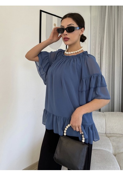 Lodmela Yaka Lastikli Şifon Bluz 6022-Indigo