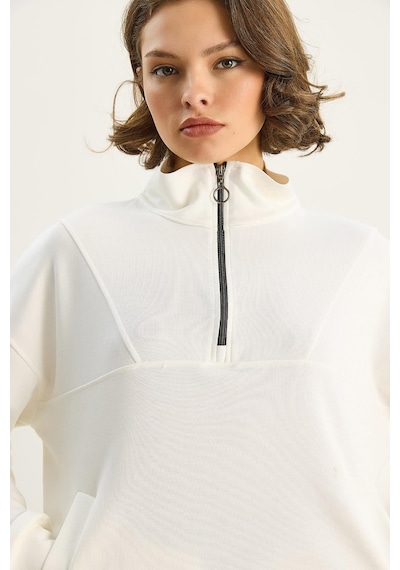 Shade Kadın Dik Yaka Yarım Fermuarlı Cep Detaylı Oversize Modal Sweatshirt 60601053 - Ekru