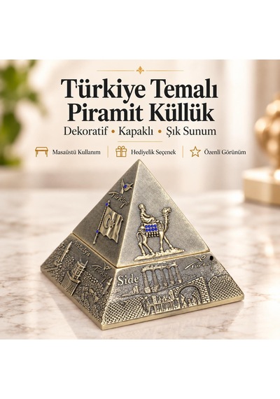 Türkiye Temalı Metal Piramit Küllük Tütsülük Takı Kutusu Kapaklı Dekoratif Hediyelik 10x10 Cm