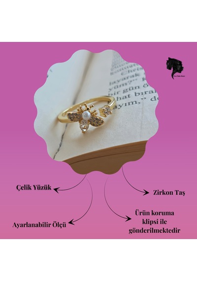 Ayarlanabilir Arı İnci Model Zirkon Taşlı Gold Renk Çelik Yüzük Altın