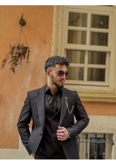 Dupont Classics Dupont Erkek Slim Fit 6 Drop Çift Yırtmaç Yelekli Takım Elbise Siyah