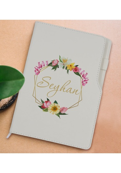 Bk Gift Kişiye Özel Çiçek Tasarımlı Beyaz Termo Deri Not Defteri 15x21cm-9