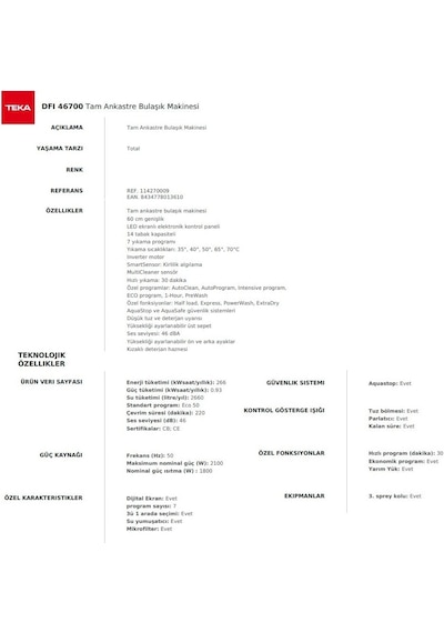Teka DFI 46700 7 Programlı 14 Kişilik Ankastre Bulaşık Makinesi