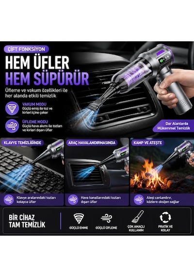 Kablosuz Araç İçi Süpürge 18000pa Güçlü Vakum Üflemeli 13 Aparatlı Type-c Şarjlı El Süpürgesi Gümüş