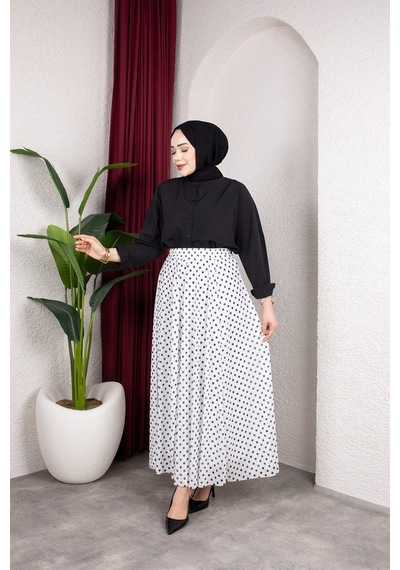 Hira Life Fashion Kadın Astarlı Puantiye Desenli Tül Etek Beyaz-siyah Beyaz-siyah
