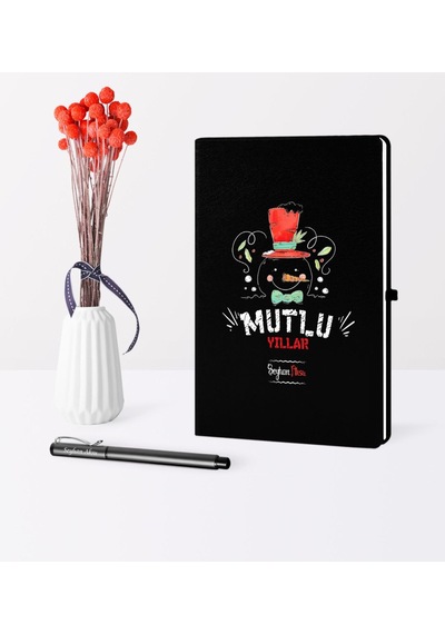 Kişiye Özel Yılbaşı Mutlu Yıllar Temalı Siyah Defter Kalem Seti - 5