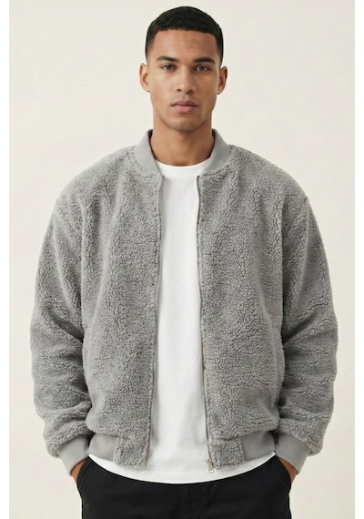 Genius Store Erkek Mont Peluş İçi Astarlı Oversize Geniş Kalıp Sherpa Kuzu Kumaş Spor Mont Gri