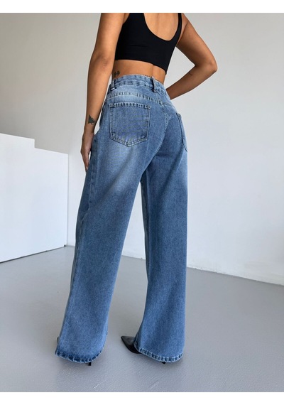 Kene Jeans Kadın Mavi İşlemli Kemer Zincirli Bol Paça Kot Pantolon Mavi