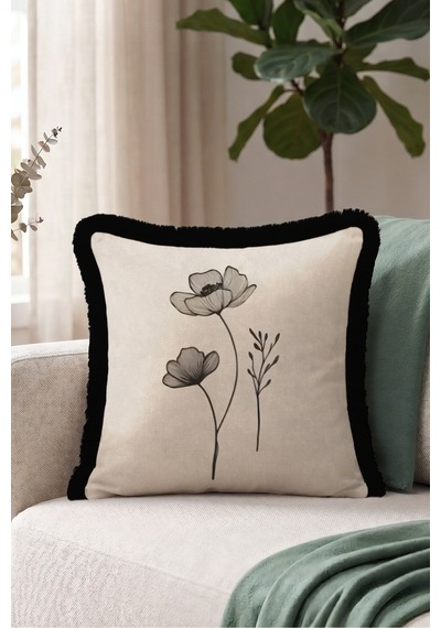 Çiçek Desenli Zarif Botanik Saçaklı Yastık Kılıfı - Minimal Floral Bej Siyah Püsküllü Kırlent Kılıfı Lacivert