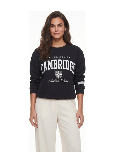 Onloox Kadın Siyah Siyah Pamuklu Bisiklet Yaka Üç İplik Şardonlu Basic Baskılı Sweatshirt